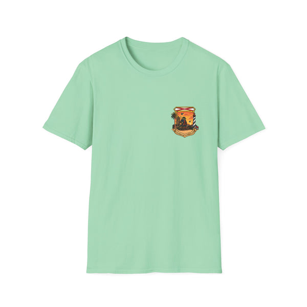 Sunset Camper Pocket T-Shirt — Vintage RV Road Trip Tee